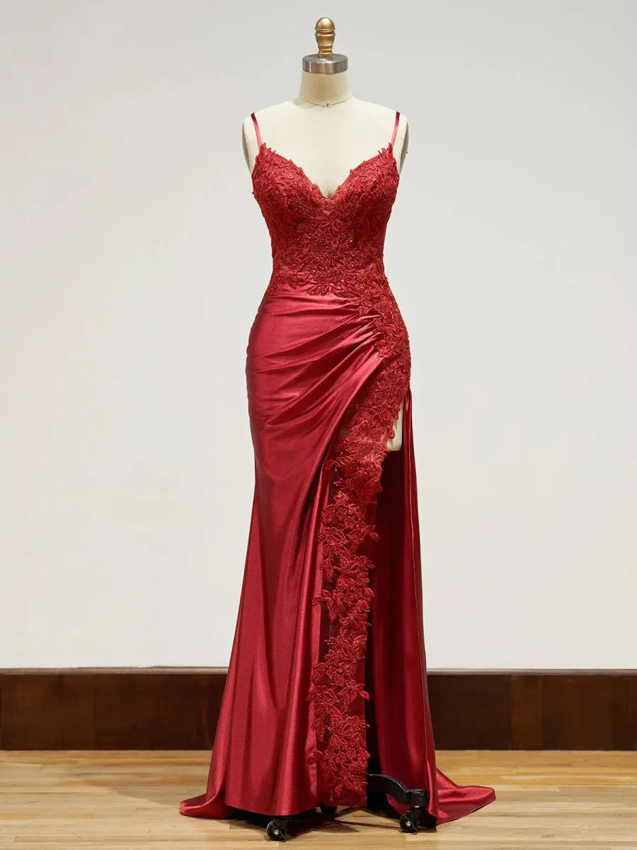 Long Lace Formal Dress Red Appliques Evening Dresses with Slit sold by My Chic Dress