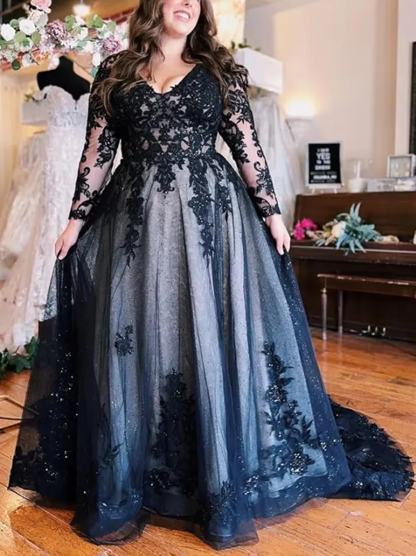 Plus Size Long Sleeve Black Wedding Dresses Gothic Lace Bridal Gown sold by My Chic Dress
