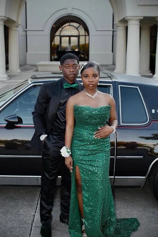 Long Strapless Green Glitter Sequin Prom Dress with Slit sold by My Chic Dress