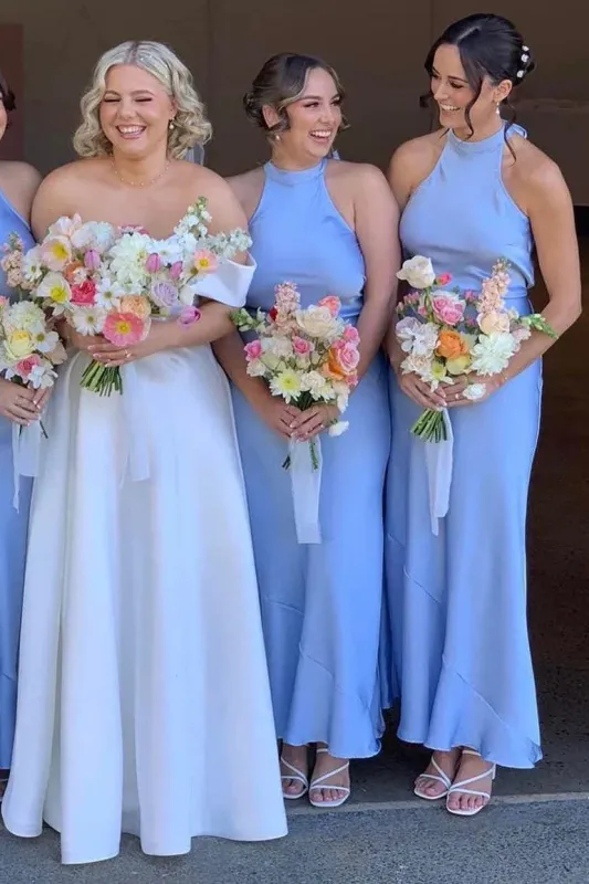 Cheap Halter Satin Bridesmaid Dress Sky Blue Maxi Guest Dress sold by My Chic Dress