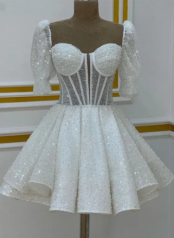 Shiny White Sequined Hoco Dresses Corset Sweetheart Short Sleeves sold by My Chic Dress