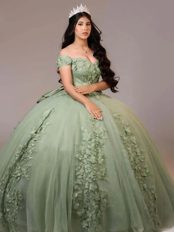 Floor Length Sage Green Quinceanera Dresses with Floral Pearls Off the Shoulder sold by My Chic Dress