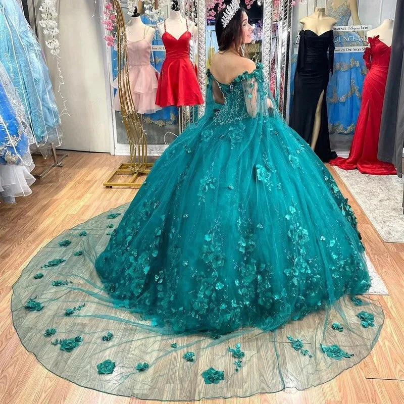 Teal Ball Gown Embroidery Quinceanera Dresses With Cloak 3D Flowers sold by My Chic Dress product image thumbnail 2
