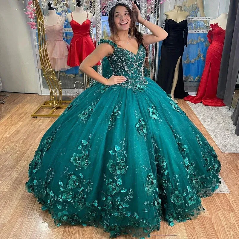 Teal Ball Gown Embroidery Quinceanera Dresses With Cloak 3D Flowers sold by My Chic Dress product image thumbnail 3