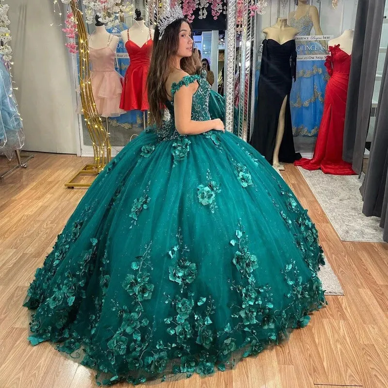 Teal Ball Gown Embroidery Quinceanera Dresses With Cloak 3D Flowers sold by My Chic Dress product image thumbnail 4