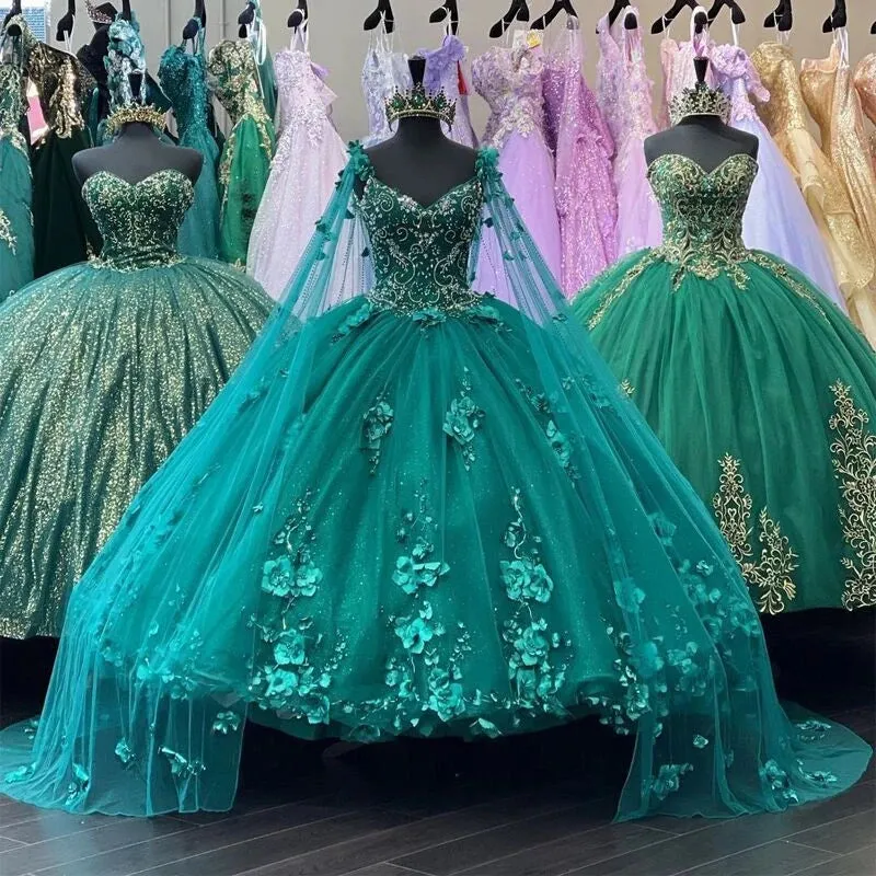 Teal Ball Gown Embroidery Quinceanera Dresses With Cloak 3D Flowers sold by My Chic Dress