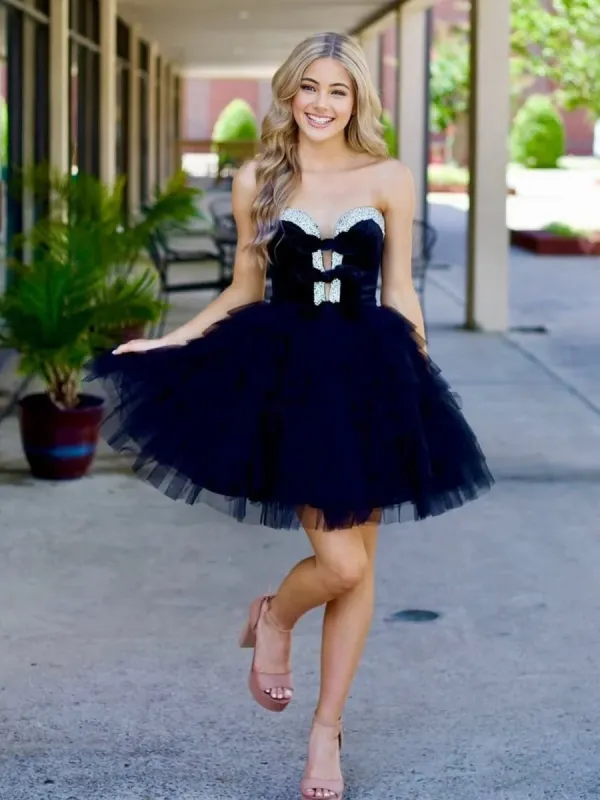 Strapless Black Tiered Ruffle Homecoming Dress Unique With Bow sold by My Chic Dress