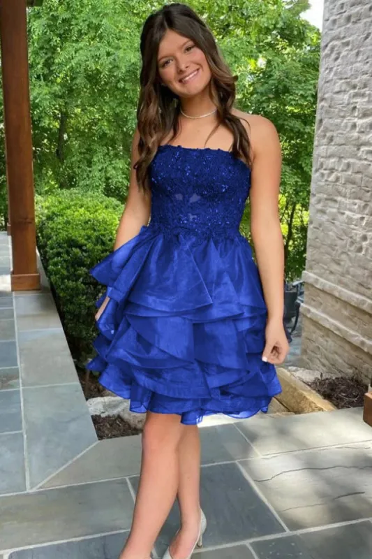 Cheap Blue Ruffle Homecoming Dress Mini Strapless Lace Appliques sold by My Chic Dress