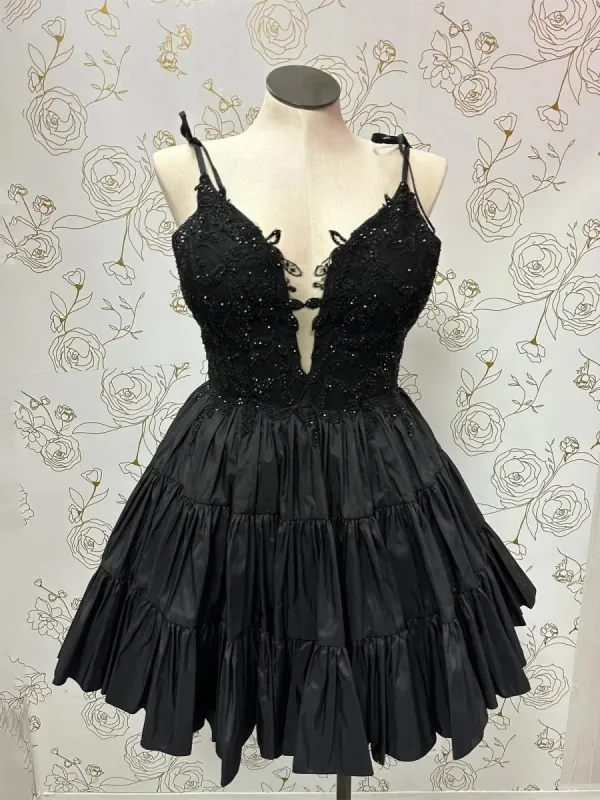 A Line V Neck Homecoming Dresses Black Ruffles Lace Applique sold by My Chic Dress