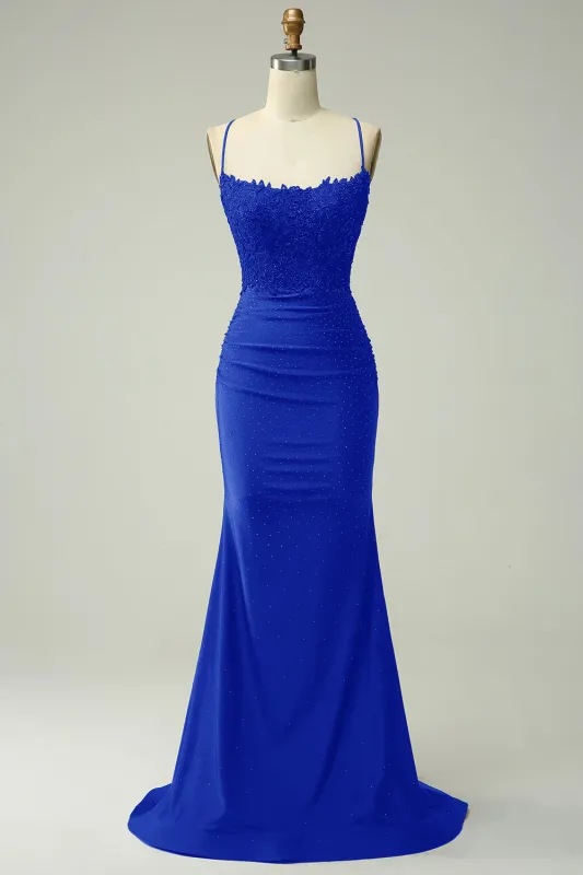 Long Royal Blue Prom Dress Mermaid Spaghetti Straps with Beaded Appliques sold by My Chic Dress