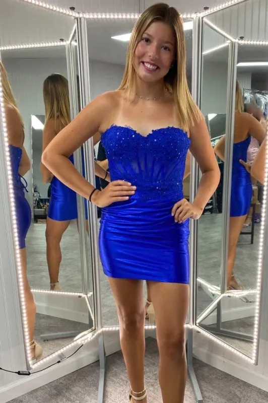 Unique Lace Short Royal Blue Hoco Dress Appliques Tight Ruched sold by My Chic Dress