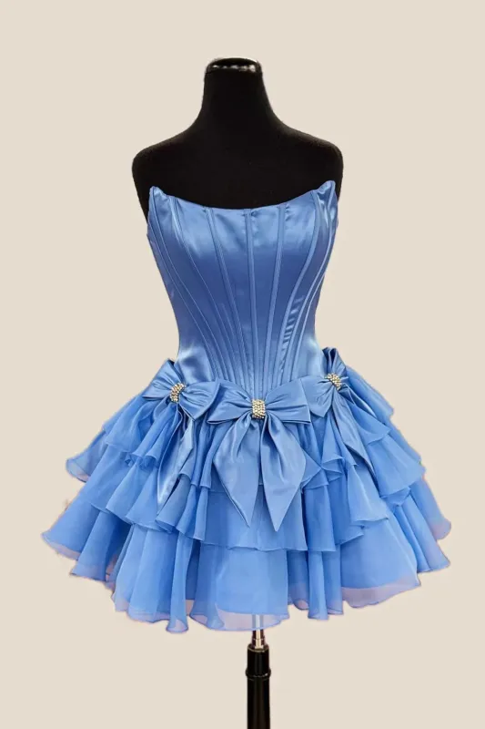 Tiered Blue Short Ruffle Homecoming Dress Strapless with Bow sold by My Chic Dress