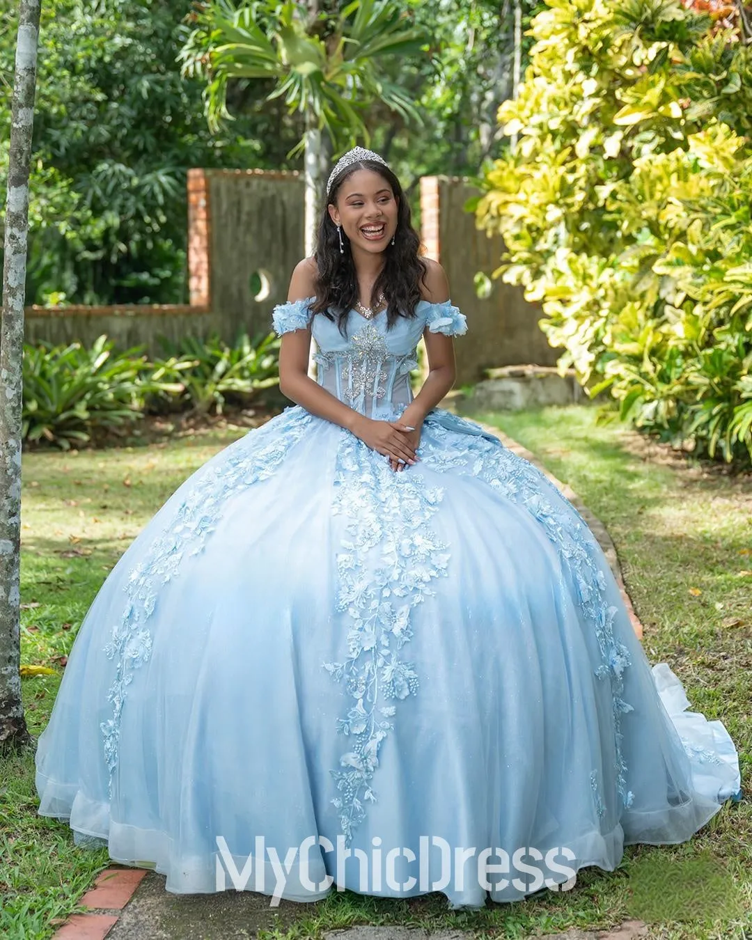Off Shoulder Blue Quinceanera Dresses Tulle Appliques for Sweet 16 sold by My Chic Dress