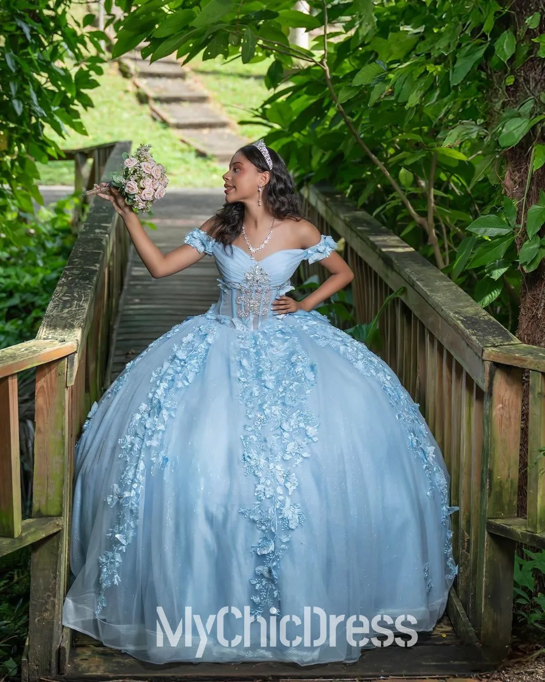 Off Shoulder Blue Quinceanera Dresses Tulle Appliques for Sweet 16 sold by My Chic Dress product image thumbnail 3