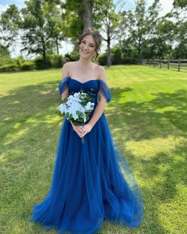 Off the Shoulder Tulle Royal Blue Prom Dress Floor Length Maxi Dress sold by My Chic Dress