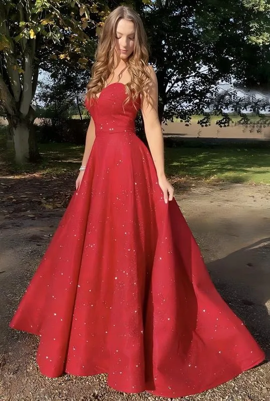 A Line Red Strapless Glitter Evening Dress Sequin Sweetheart sold by My Chic Dress