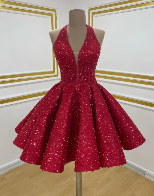 Unique Red A Line Sequin Hoco Dress Halter Sweet 16 Dresses sold by My Chic Dress