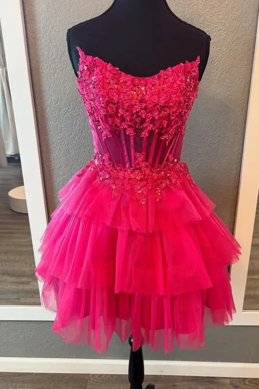 A-Line Lace Strapless Tiered Homecoming Dress Appliques sold by My Chic Dress