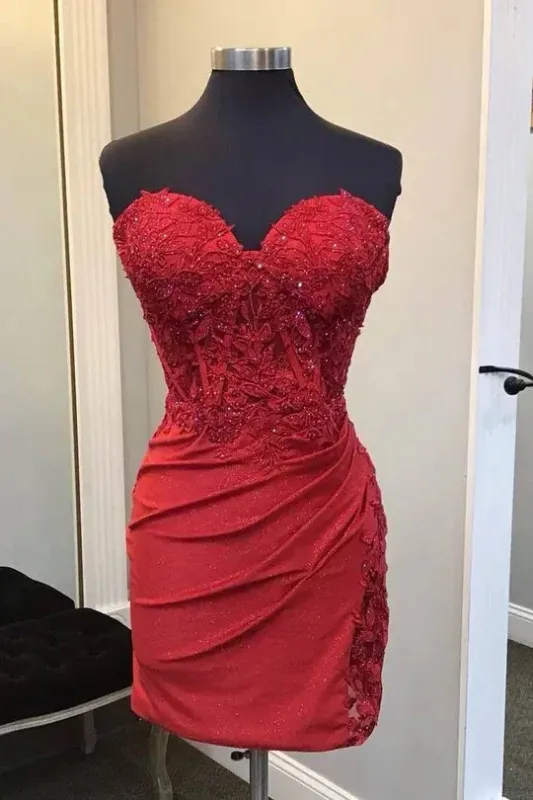 Cheap Strapless Red Mini Homecoming Dress Lace Beaded Bodycon sold by My Chic Dress