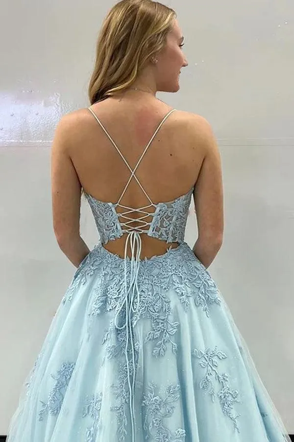 A-Line Lace Formal Dress Appliques Corset Back Spaghetti Straps sold by My Chic Dress product image thumbnail 2