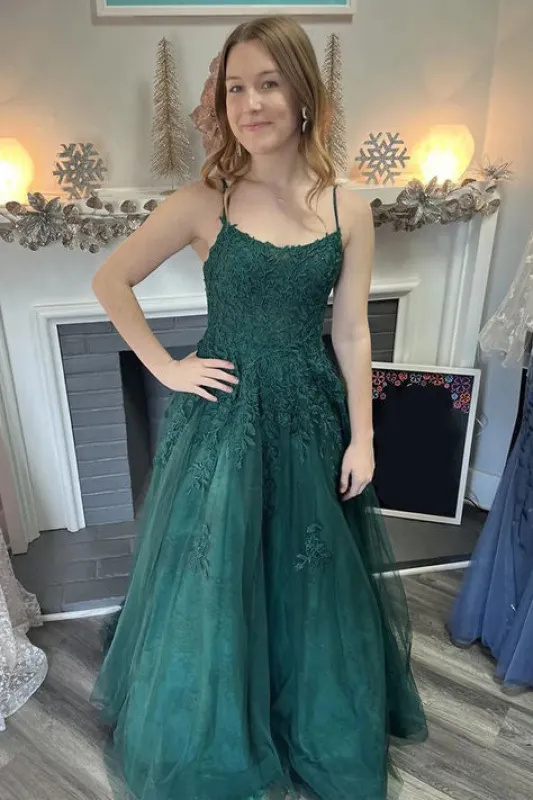 Long Lace Dark Green Formal Dress A-Line Spaghetti Straps sold by My Chic Dress