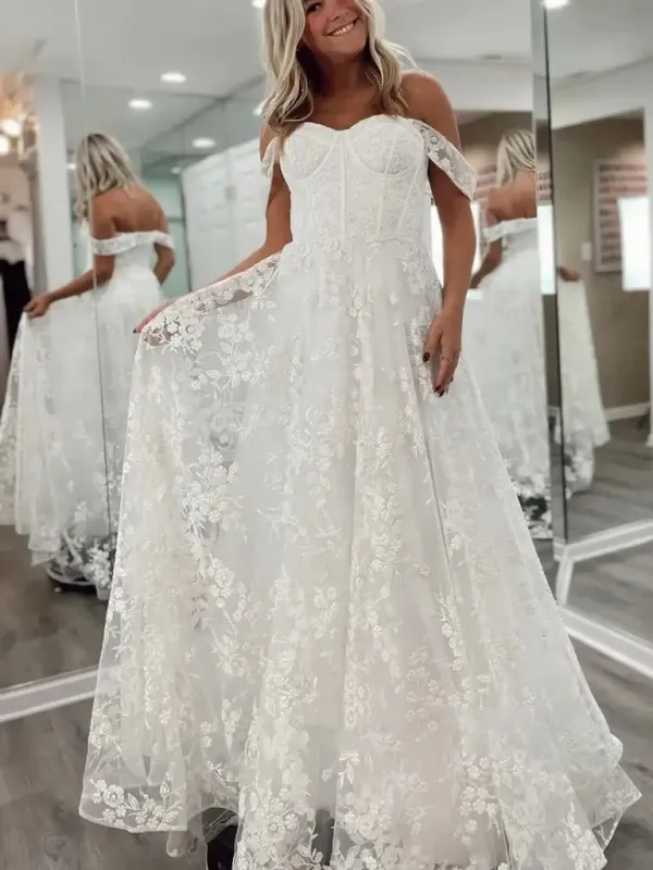 Princess Off Shoulder White Lace Country Wedding Dresses sold by My Chic Dress