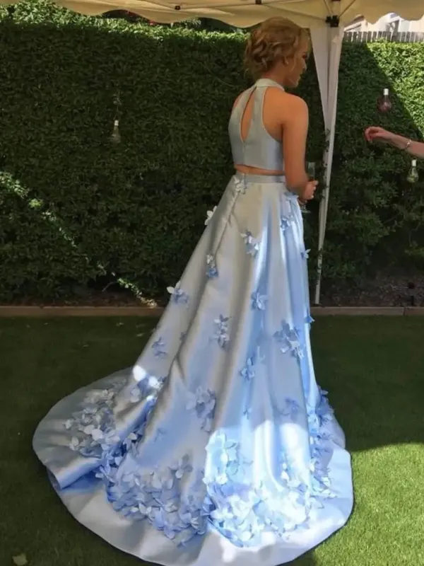 2 Pieces Blue Formal Dresses High Neck Satin Evening Dress Flowers sold by My Chic Dress