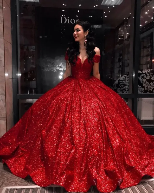 Princess Ball Gown Red Sequin Wedding Dresses Off the Shouder sold by My Chic Dress