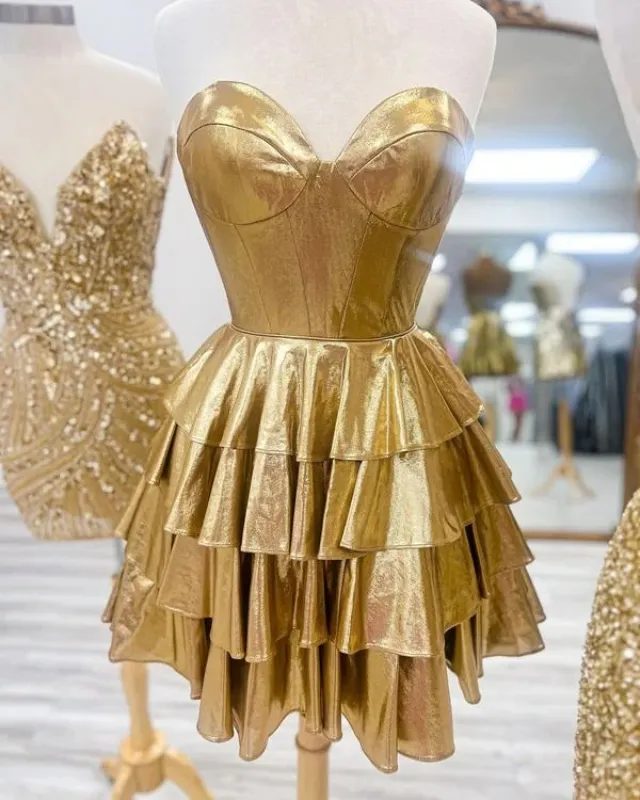Unique Gold Metallic Homecoming Dress Strapless with Ruffle sold by My Chic Dress