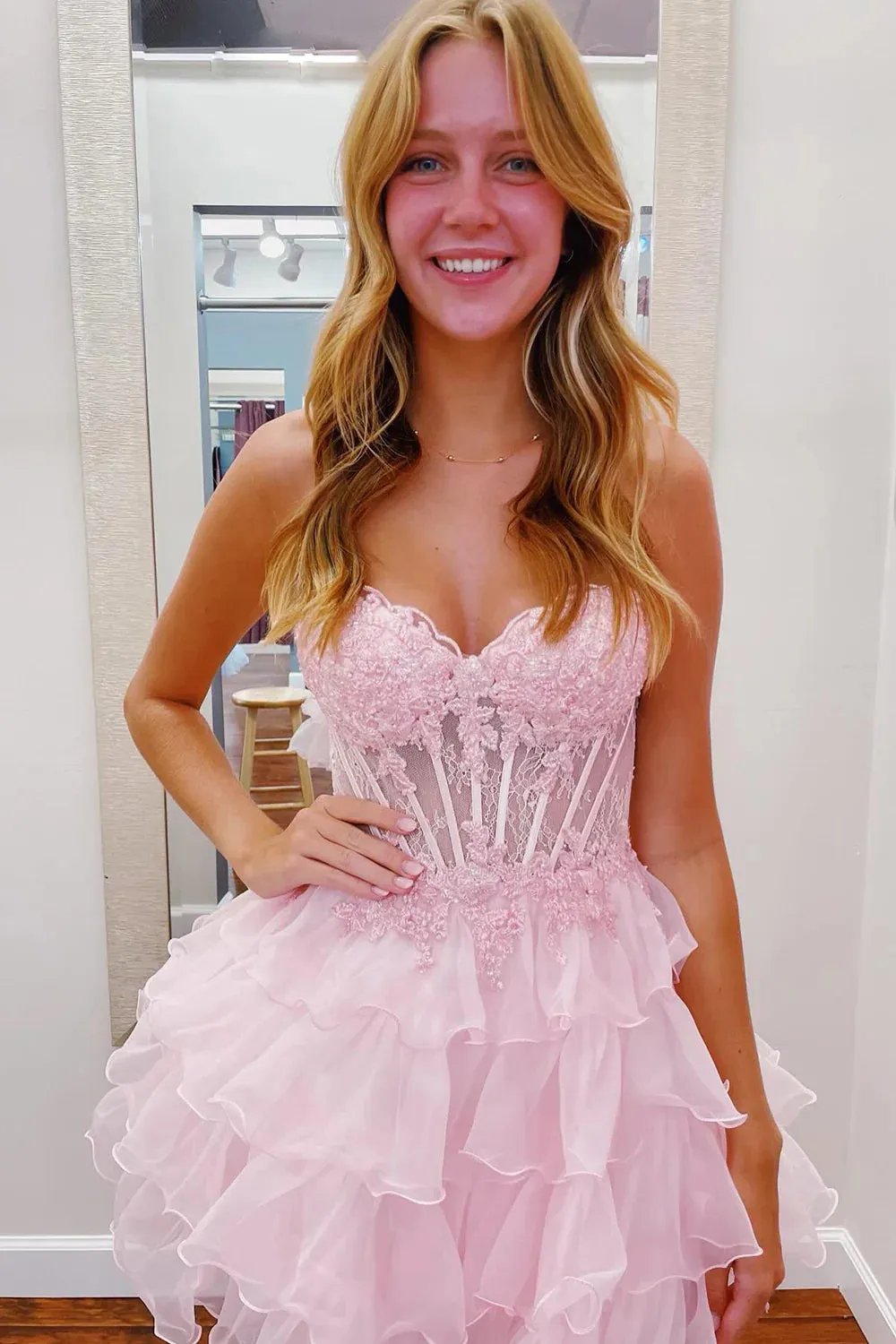 A-Line Corset Pink Homecoming Dress Lace Tulle Ruffles Sweetheart sold by My Chic Dress
