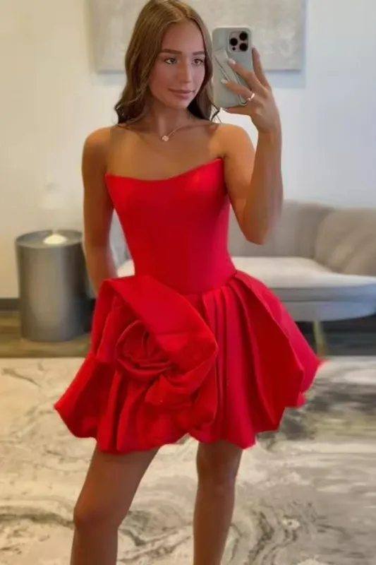 Strapless Red Mini Homecoming Dress Satin with 3D Flower sold by My Chic Dress