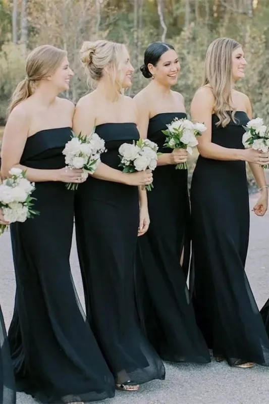 Cheap Strapless Black Bridesmaid Dress Long with Slit sold by My Chic Dress