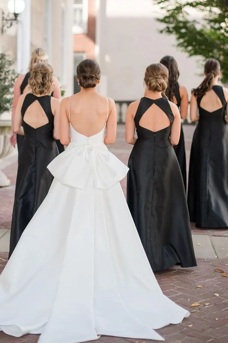 A-Line Cheap Black Bridesmaid Dresses Satin Round Neck sold by My Chic Dress product image thumbnail 3