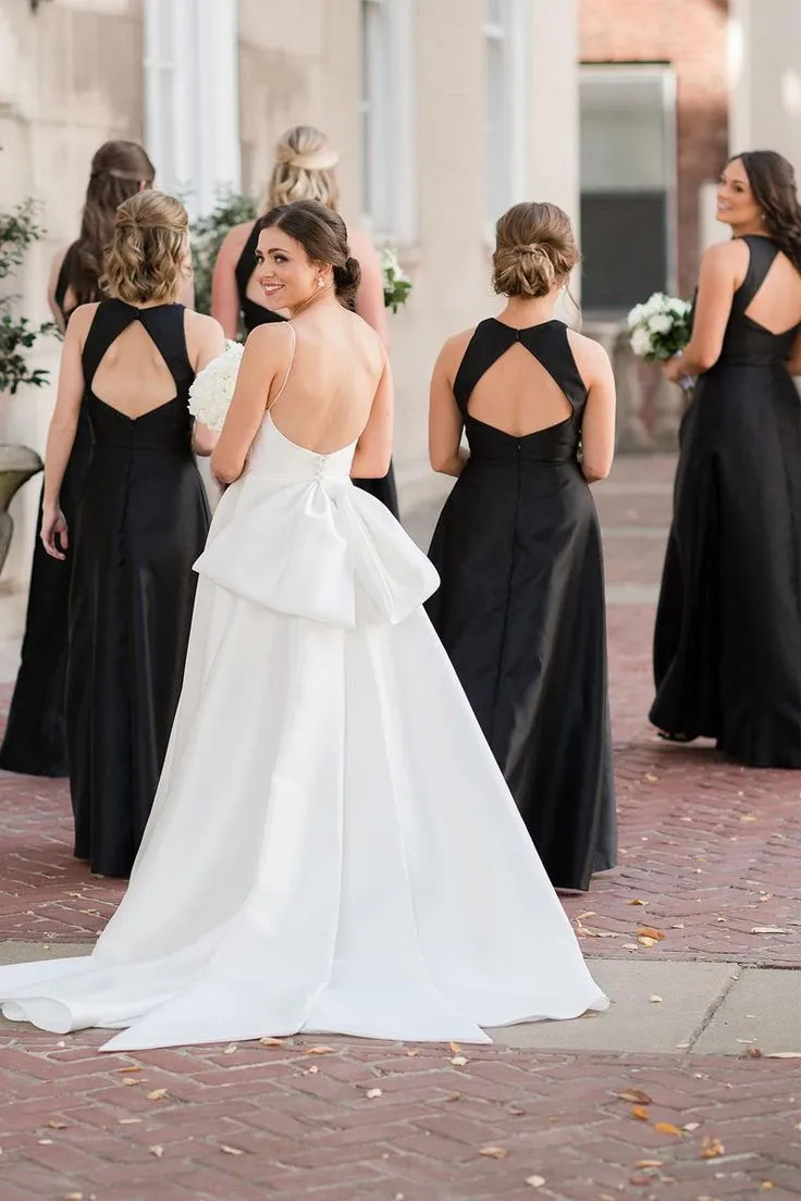A-Line Cheap Black Bridesmaid Dresses Satin Round Neck sold by My Chic Dress product image thumbnail 2