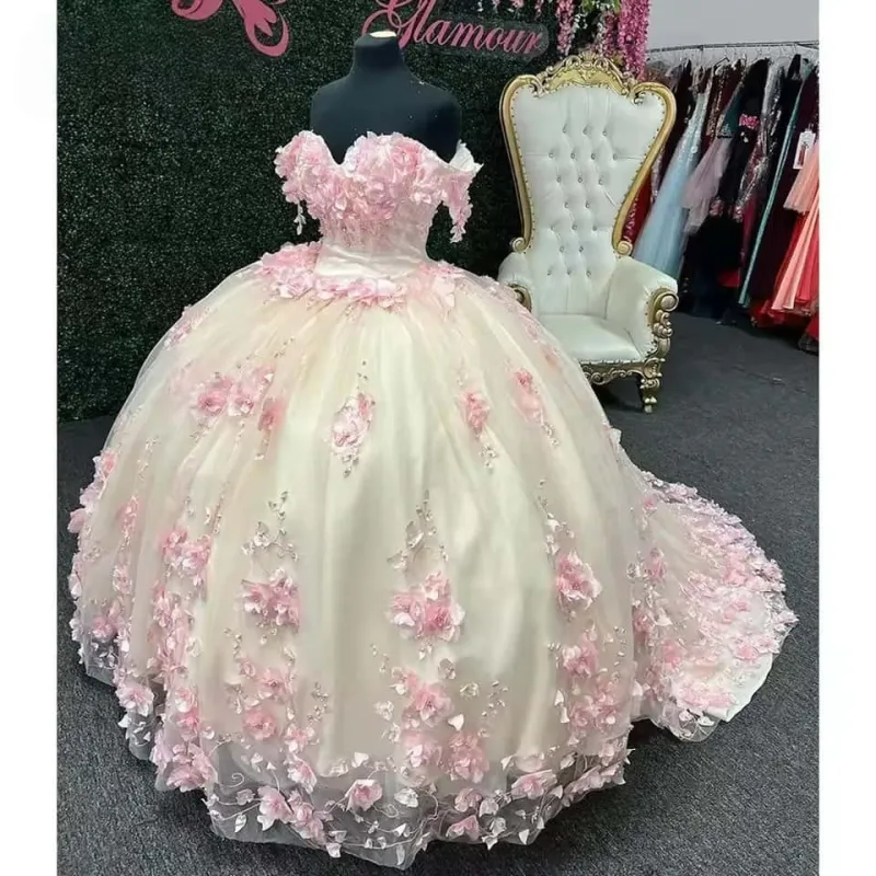 Ball Gown Off The Shoulder Pink Quinceanera Dress Beaded 3D Flowers sold by My Chic Dress