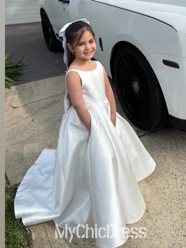 Cute Pearls Straps Flower Girl Dresses Satin Sleeveless with BowKnot sold by My Chic Dress