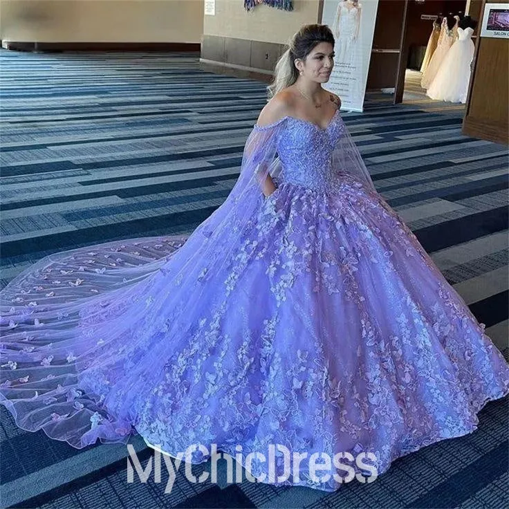 Ball Gown Lavender Quinceanera Dresses 3D Butterfly With Cloak sold by My Chic Dress product image thumbnail 5