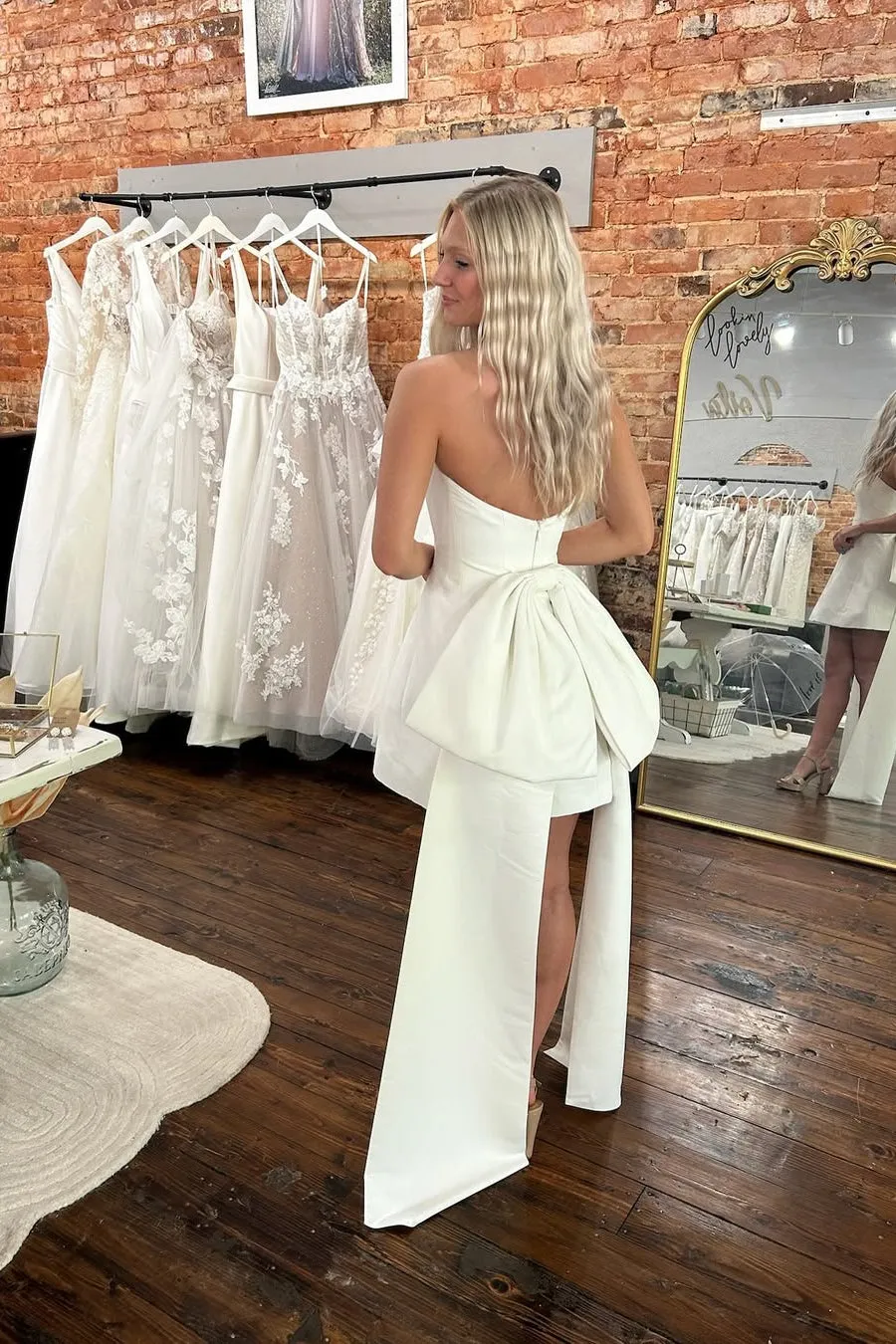 Unique Strapless Mini Wedding Gown Satin Short Bridal Dress with Bow sold by My Chic Dress product image thumbnail 2