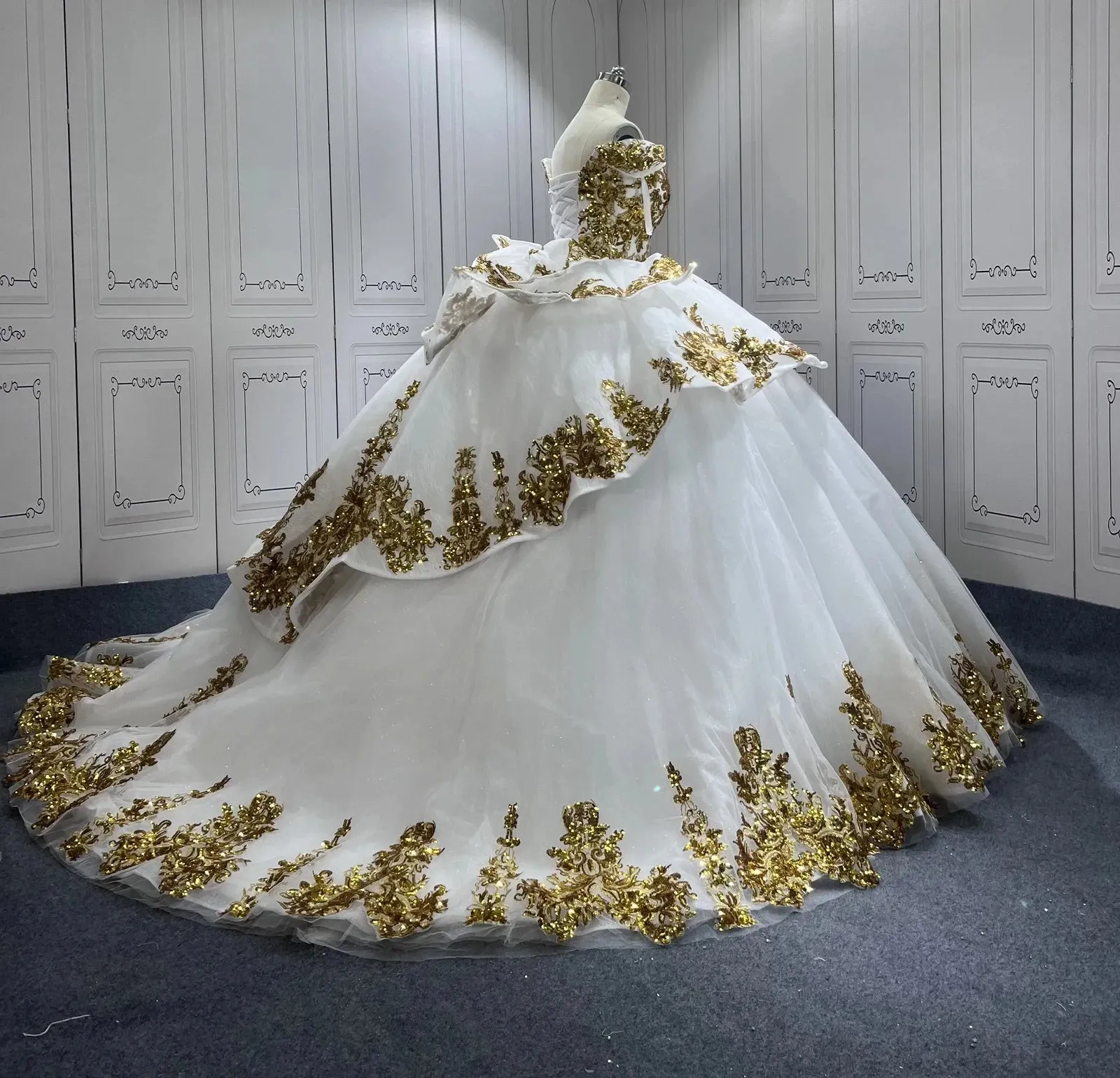 Sequin White and Gold Quinceanera Dresses Applique Tulle Wedding Dress sold by My Chic Dress product image thumbnail 3