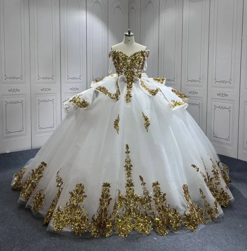 Sequin White and Gold Quinceanera Dresses Applique Tulle Wedding Dress sold by My Chic Dress