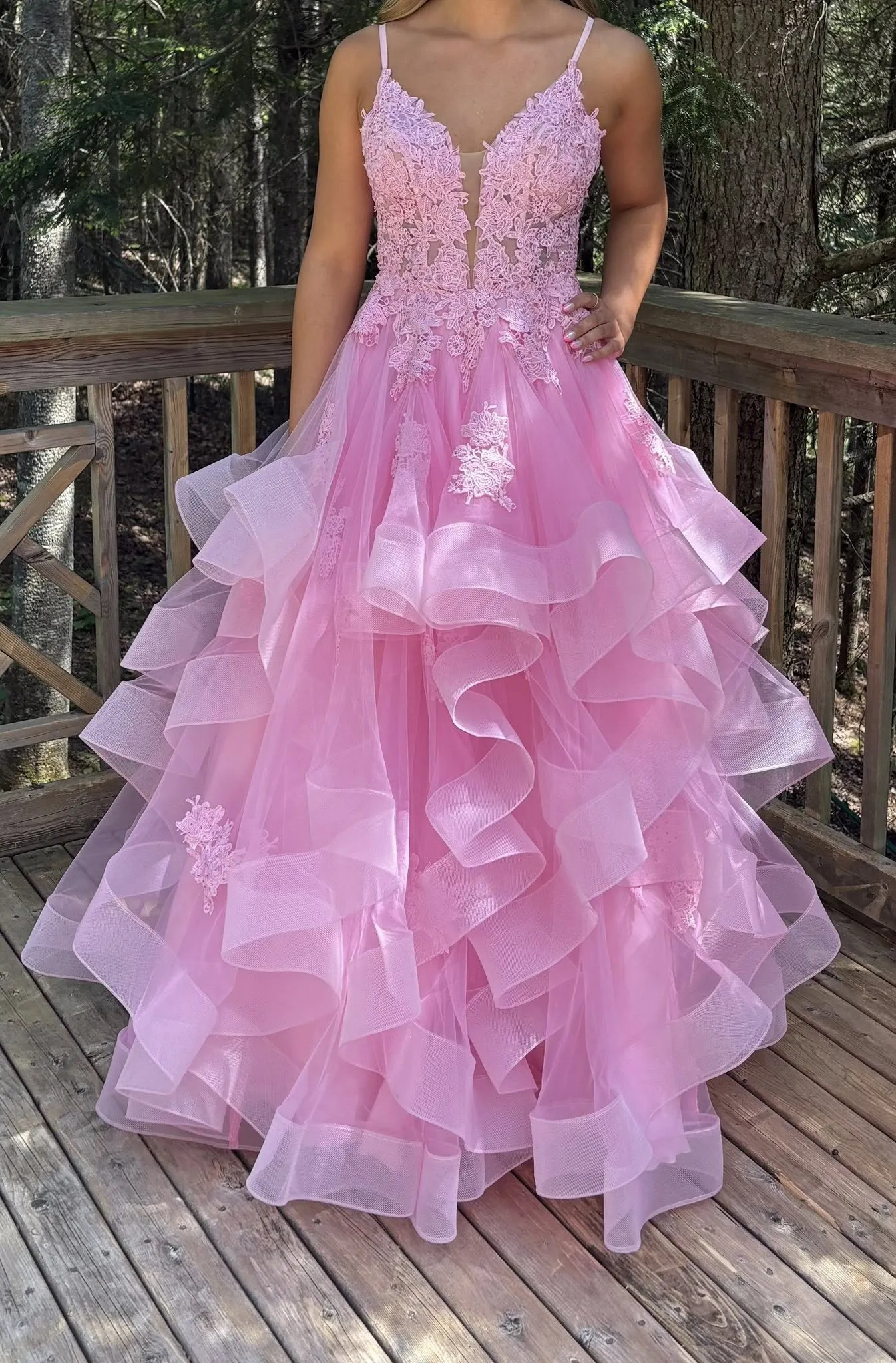 Unique A Line Puffy Pink Prom Dress 2026 Lace Formal Dress V Neck sold by My Chic Dress
