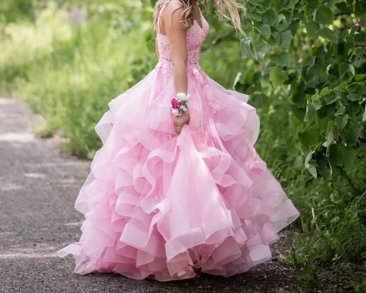 Unique A Line Puffy Pink Prom Dress 2026 Lace Formal Dress V Neck sold by My Chic Dress product image thumbnail 2
