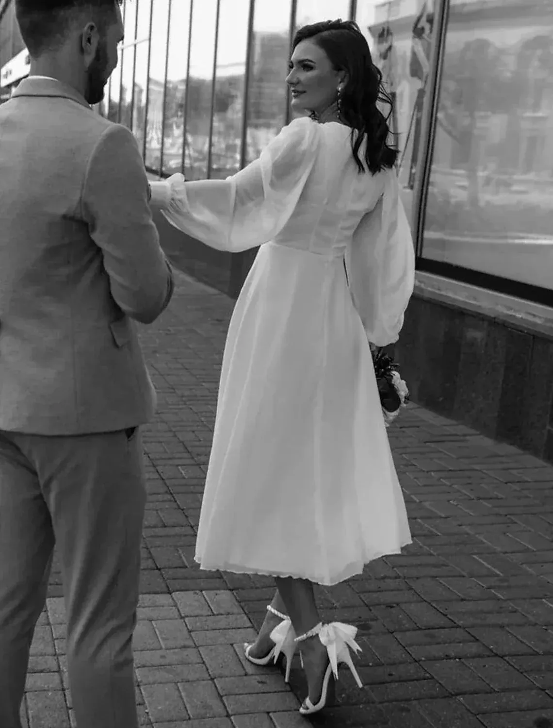 Simple Chiffon White Reception Wedding Dress Ankle Length Long Sleeve sold by My Chic Dress product image thumbnail 3