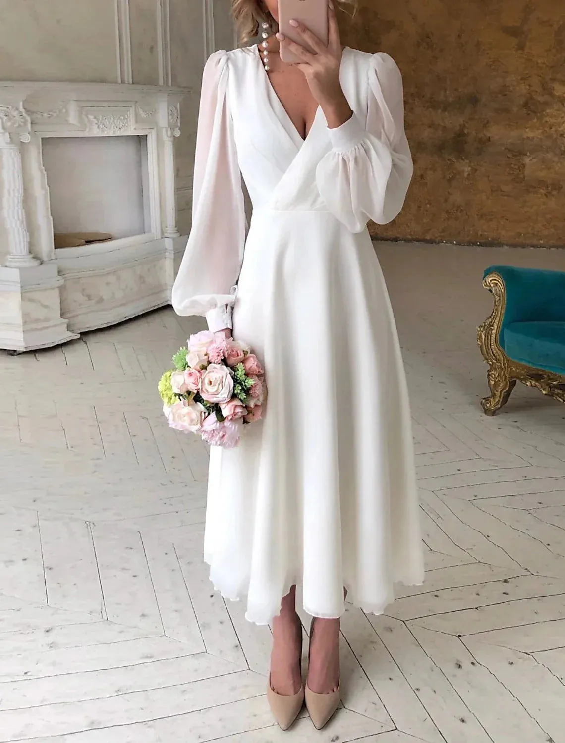 Simple Chiffon White Reception Wedding Dress Ankle Length Long Sleeve sold by My Chic Dress