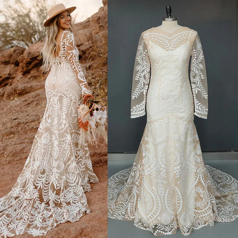 Country Destination Wedding Dress Boho Lace Illusion Mermaid Bridal Gown sold by My Chic Dress product image thumbnail 4
