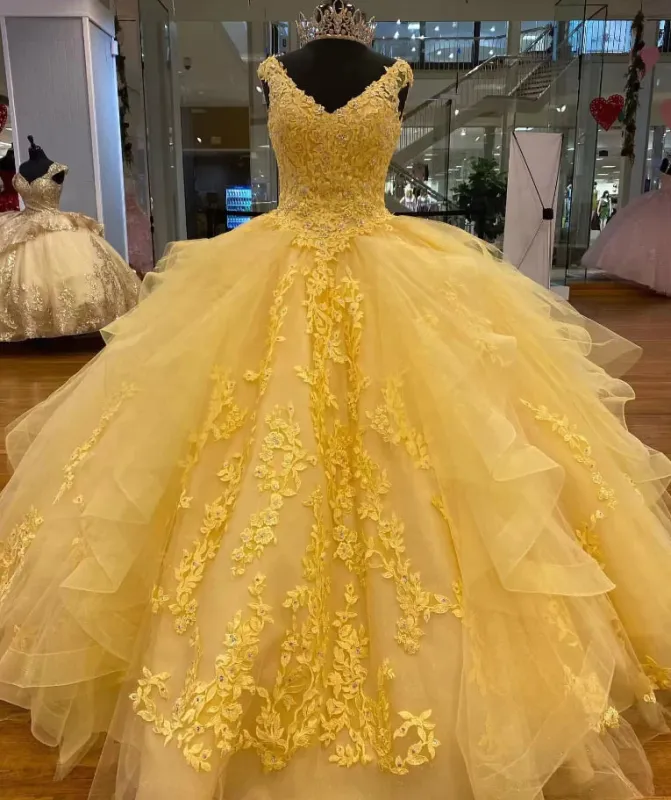Sleeveless Straps Yellow Lace Quinceanera Dress Appliques Beaded sold by My Chic Dress