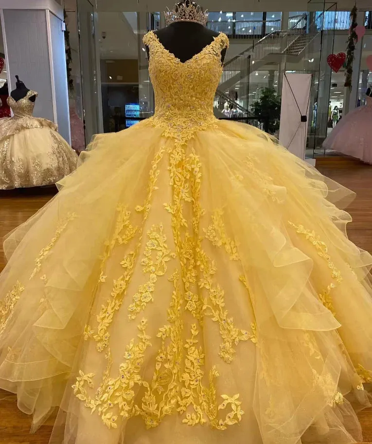 Sleeveless Straps Yellow Lace Quinceanera Dress Appliques Beaded sold by My Chic Dress