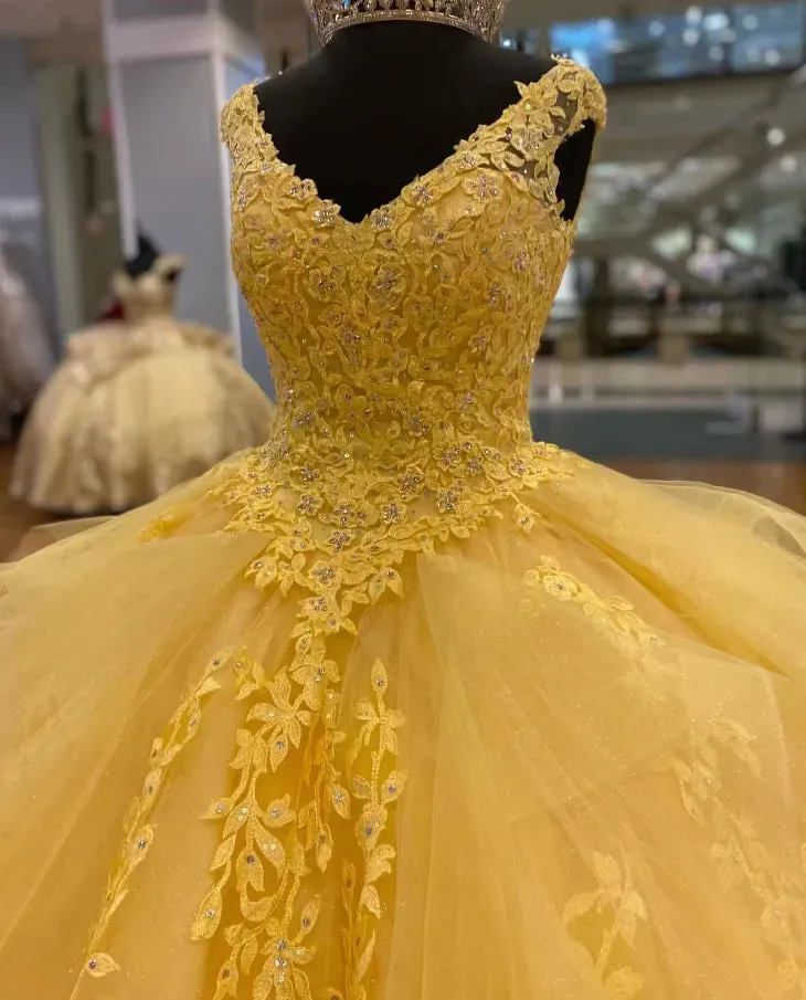 Sleeveless Straps Yellow Lace Quinceanera Dress Appliques Beaded sold by My Chic Dress product image thumbnail 5
