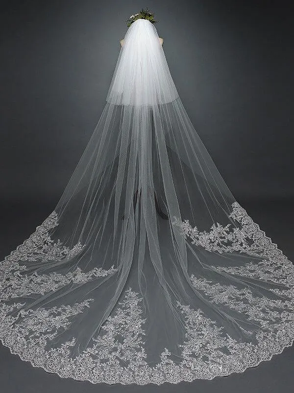 Long Lace Wedding Veil Ivory Cathedral Veil with Blusher sold by My Chic Dress