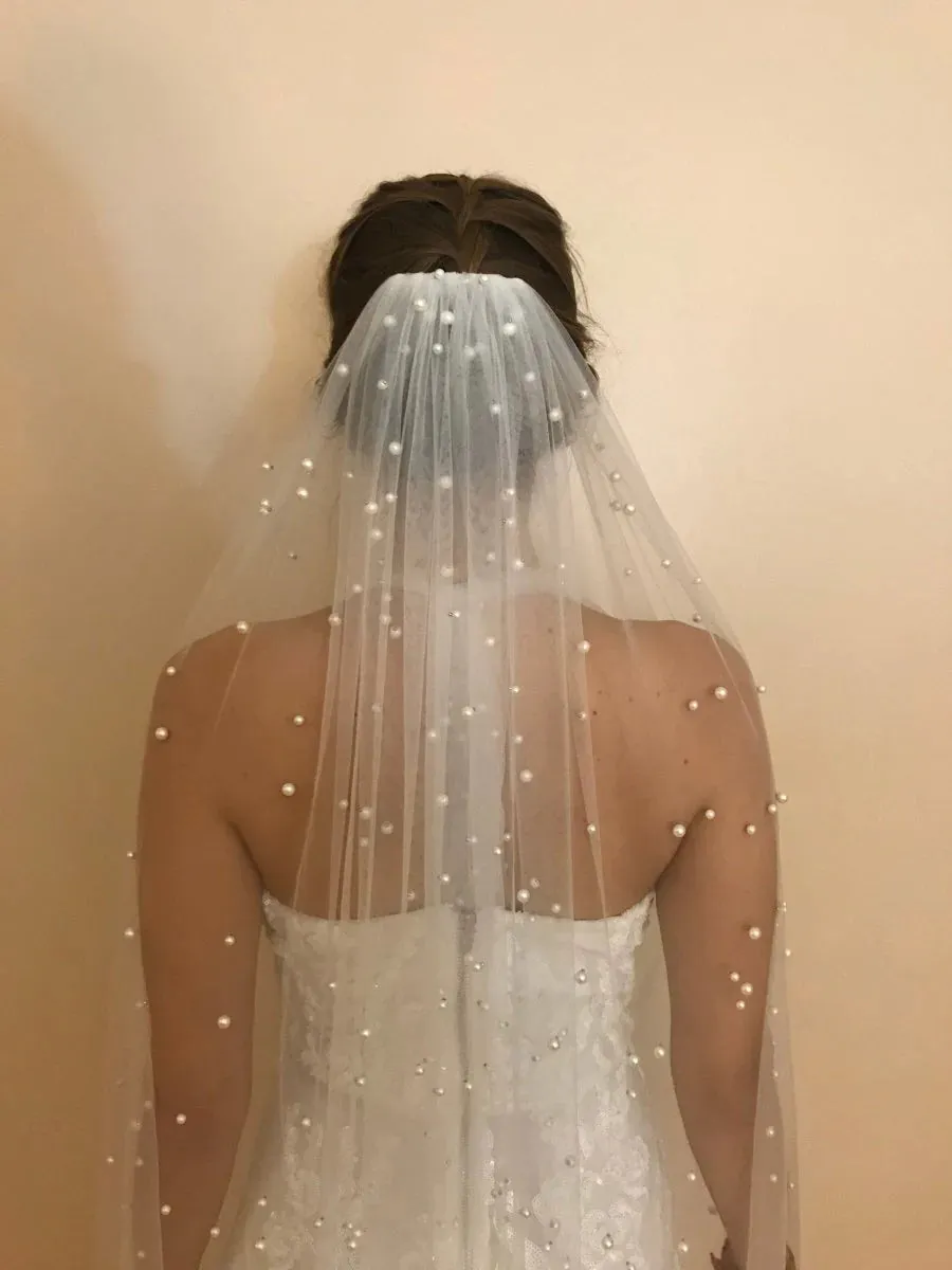 Elegant Long Tulle Wedding Veil with Pearls sold by My Chic Dress product image thumbnail 2